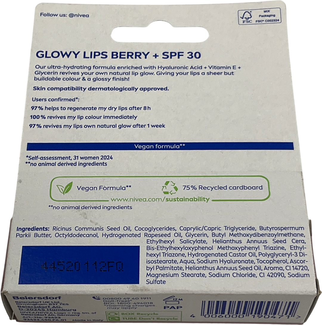 Nivea Lip Hyaluron Glowy Lips Lip Balm Tube Berry 10ml