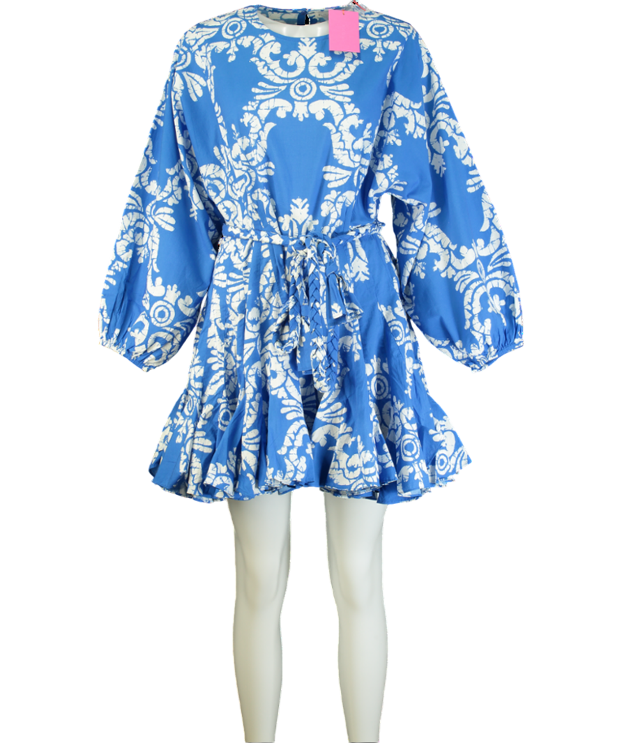 Rhode Resort Blue Ella Dress with braided belt - Batik Grid UK M