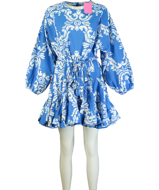 Rhode Resort Blue Ella Dress with braided belt - Batik Grid UK M