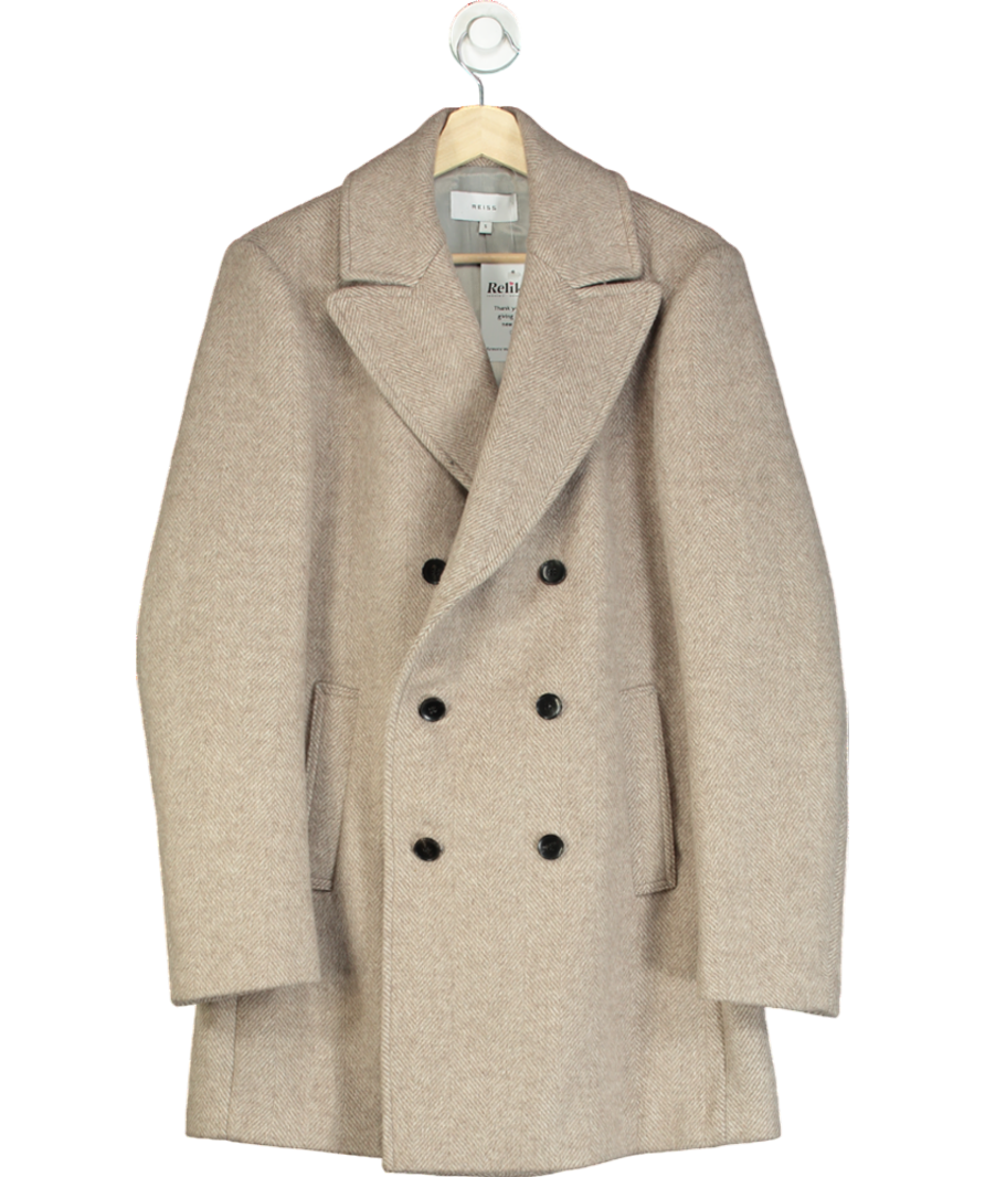 REISS Beige Duomo Herringbone Double Breasted Coat UK S