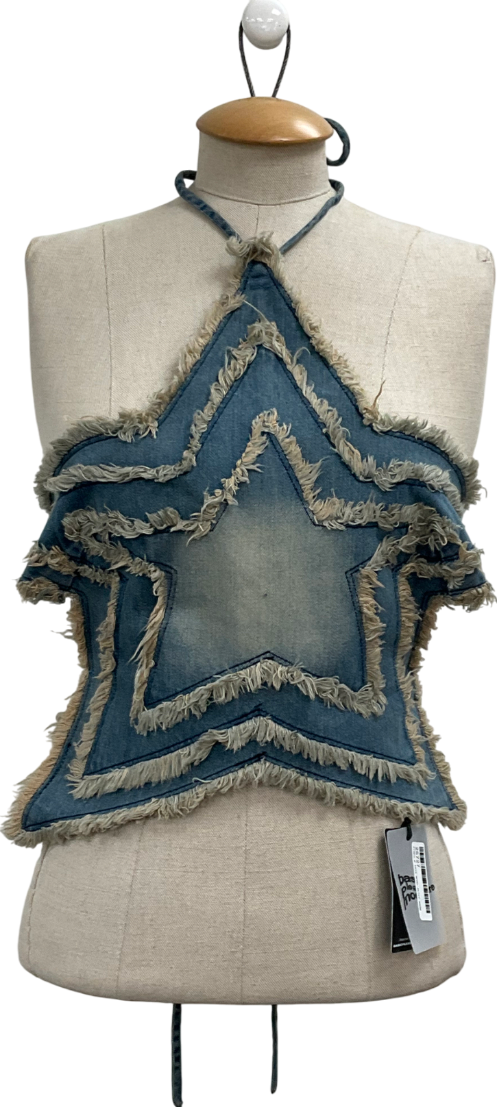 Basic Pleasure mode Blue Raw Edge Denim Star Halter Top Co-ord In Distressed Mid Wash UK 14