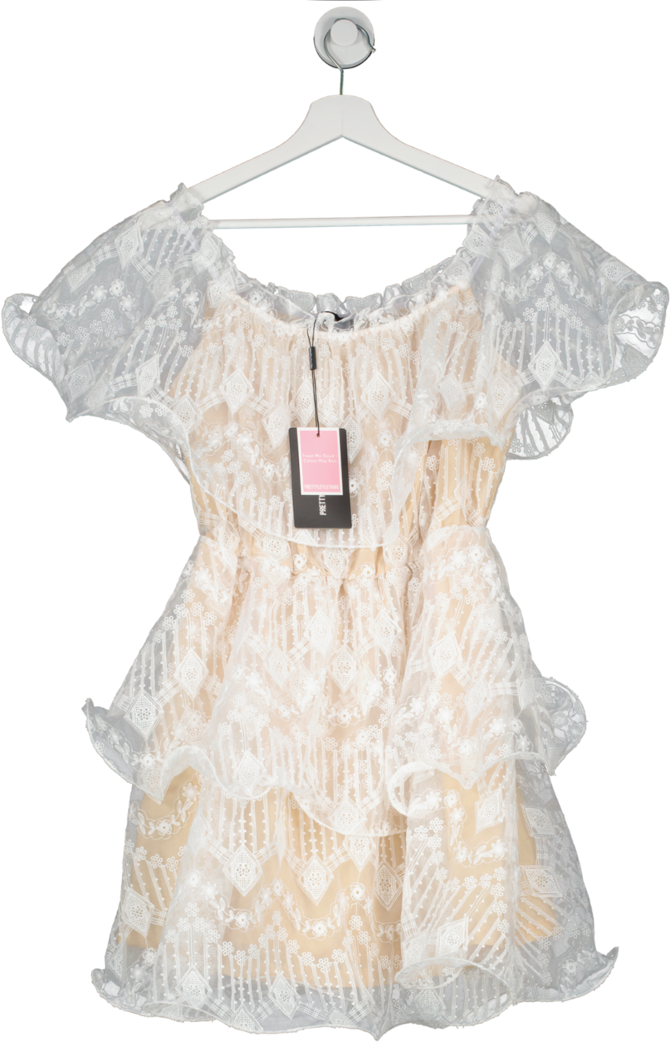 PrettyLittleThing White Lace Bardot Ruffle Tiered Mini Dress UK 16