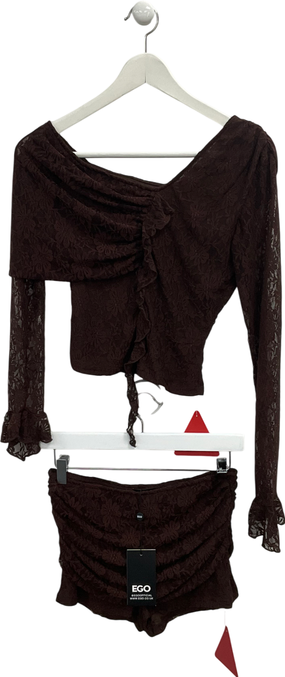 Ego Brown Asymmetric Lace Off The Shoulder Top And Low Rise Fold Over Booty Shorts UK 8