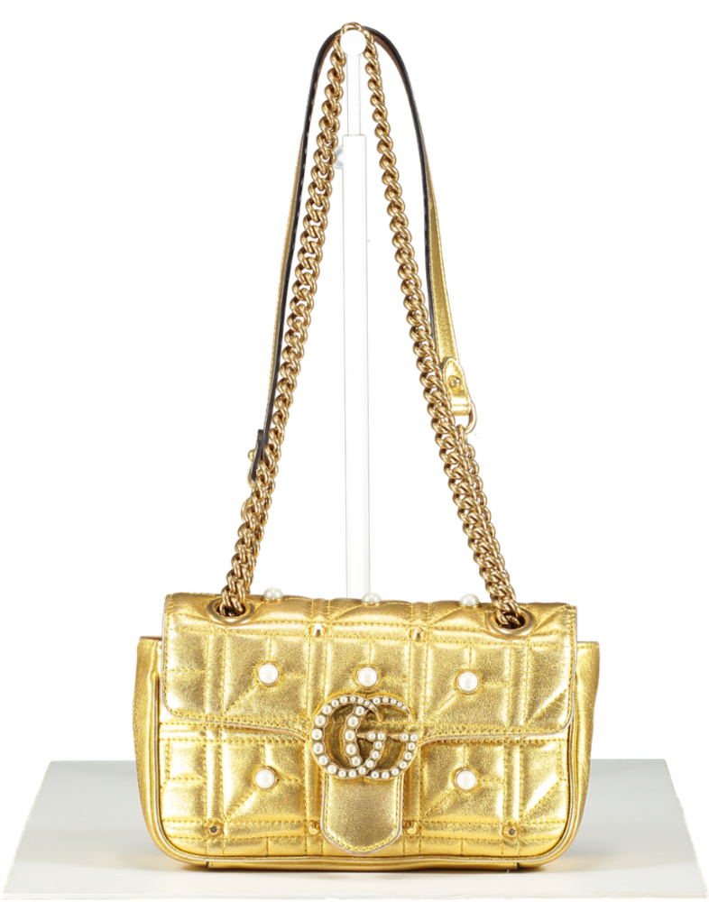 Gucci Metallic Matelasse Studded Mini Pearly Gg Marmont Shoulder Bag Gold