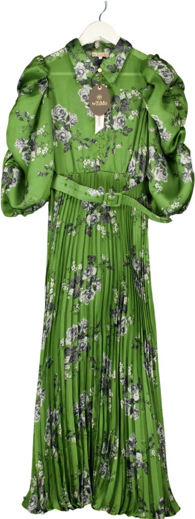 ByTIMO Green Puff Sleeve Plissé Maxi Dress In "Green Roses" UK XS
