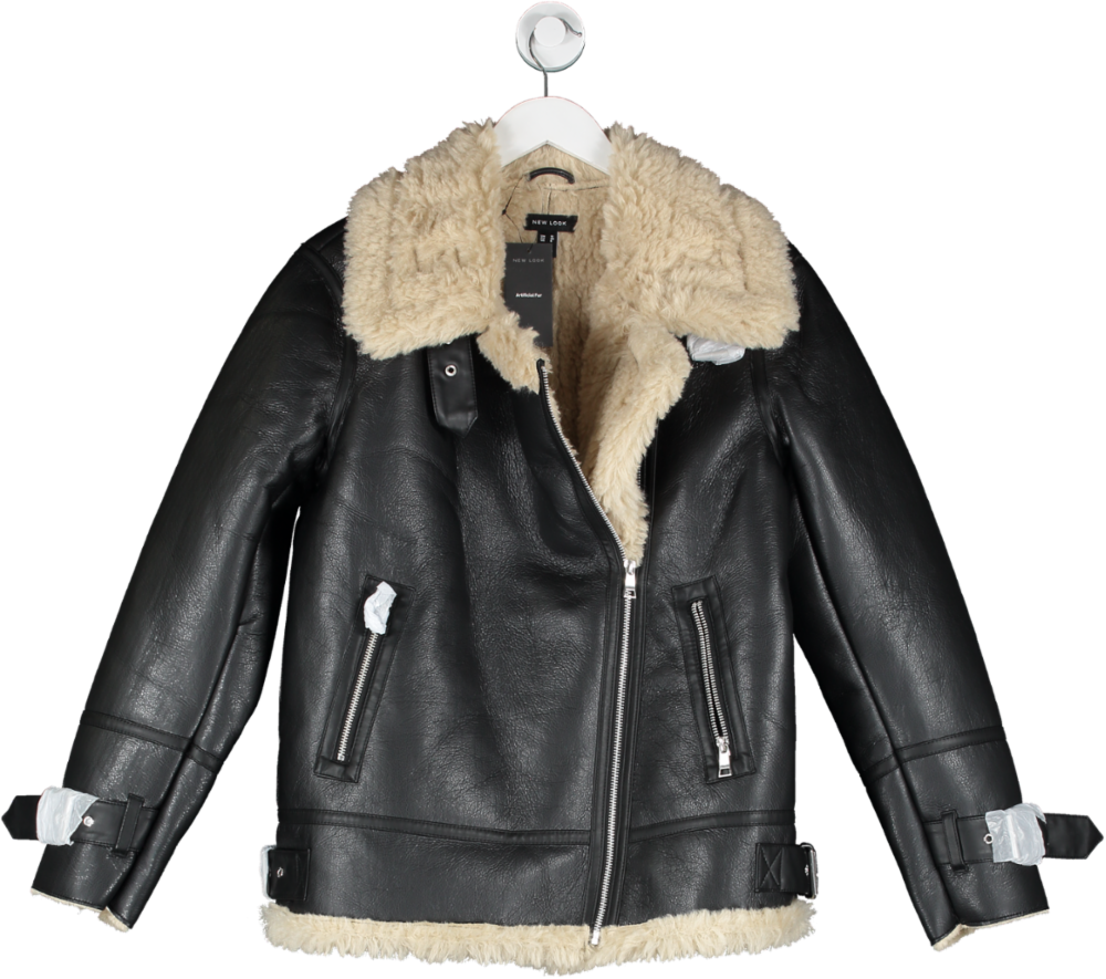 New Look Black Aurora Cross Front Faux Fur Jacket UK 12