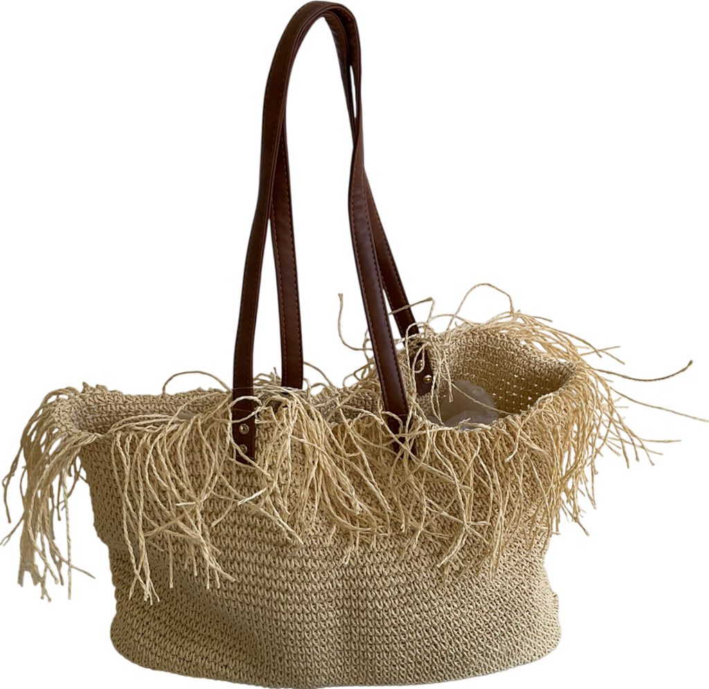 Beige Large Rafia Fringe Bag One Size