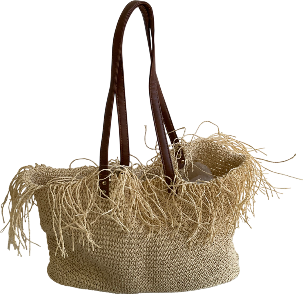 Beige Large Rafia Fringe Bag One Size
