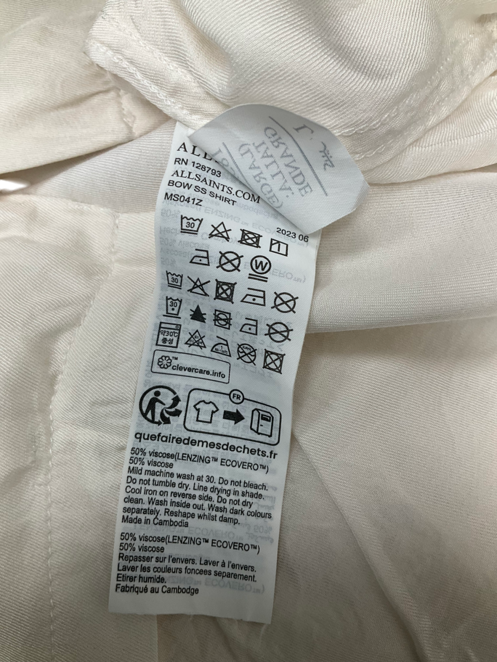 All Saints Cream Bow Heart Print Short Sleeve Shirt UK L