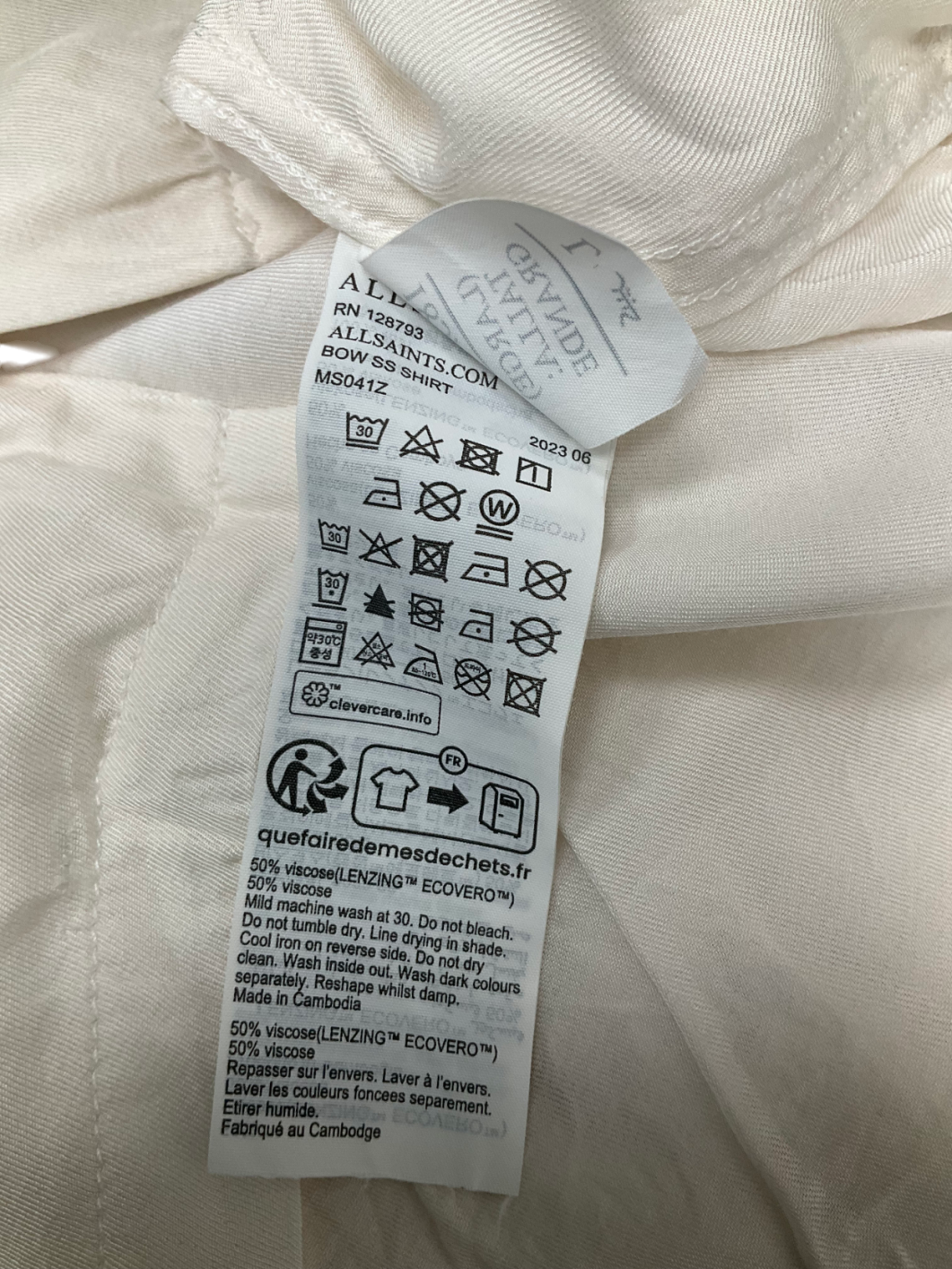 All Saints Cream Bow Heart Print Short Sleeve Shirt UK L