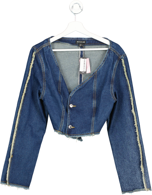 PrettyLittleThing Blue Indigo Crop Off The Shoulder Denim Jacket UK 10