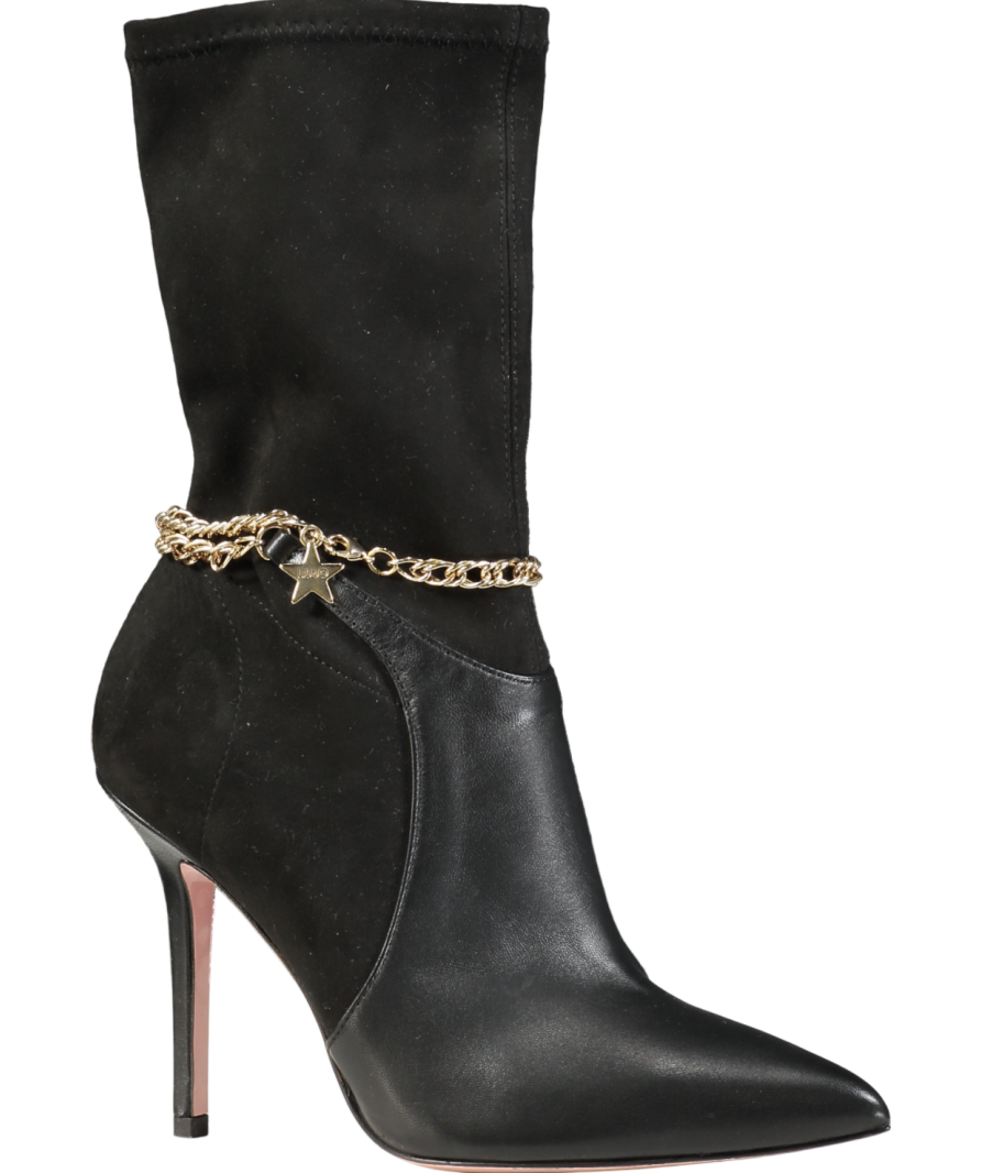 LUI JO Marilyn 5 Black Leather & Suede Boots With Gold Star And Chain Detail UK 5 EU 38 👠