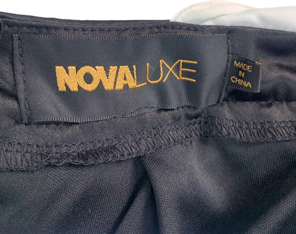 NovaLuxe Black & White Halter Dress with Pearl Strap and Rosette Accent UK 8