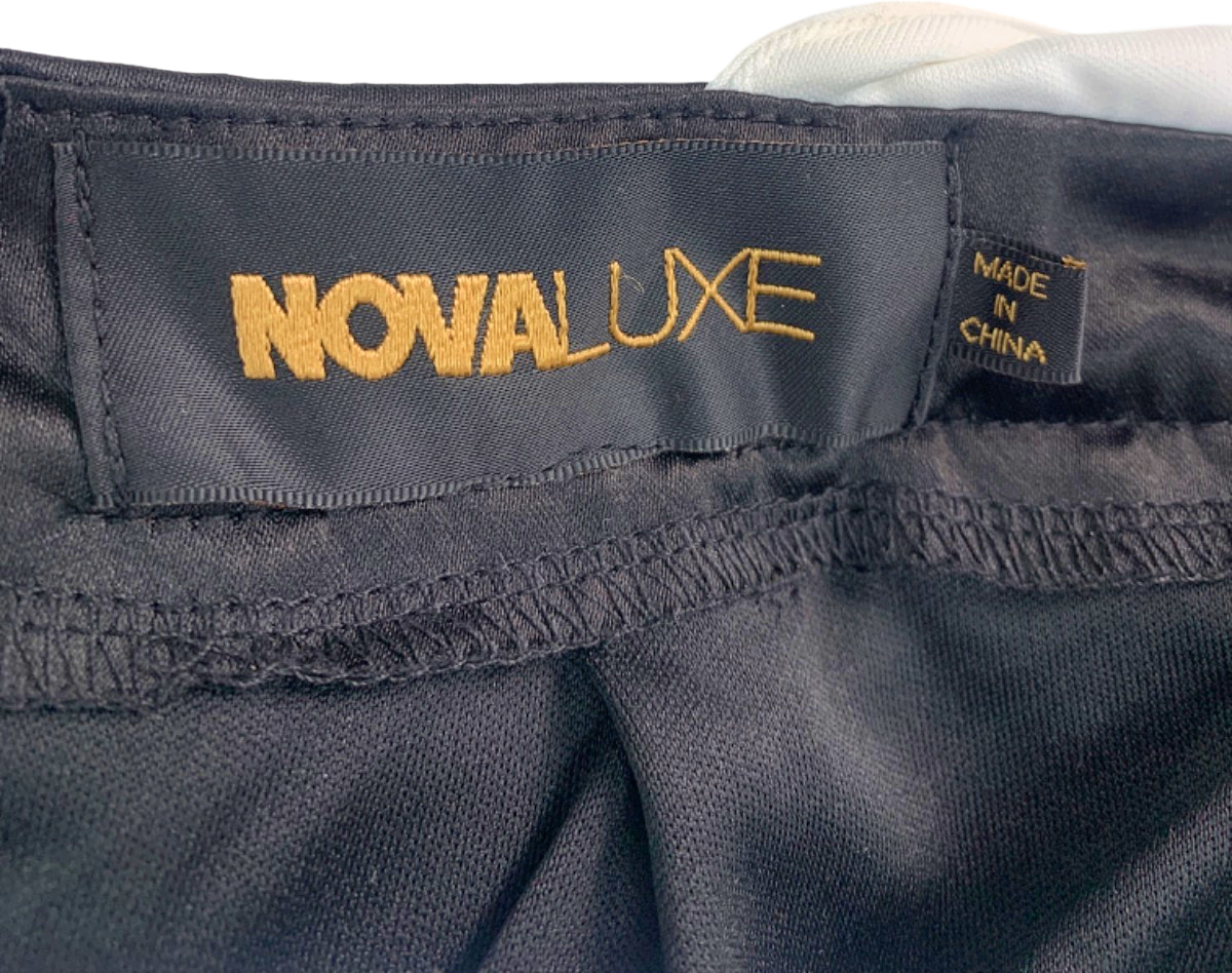 NovaLuxe Black & White Halter Dress with Pearl Strap and Rosette Accent UK 8