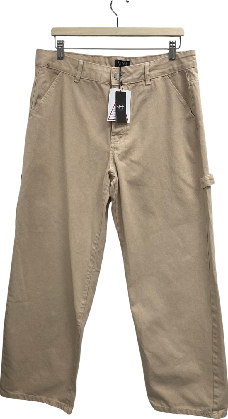 boohooMan Beige Baggy Fit Overdyed Carpenter Jeans W34