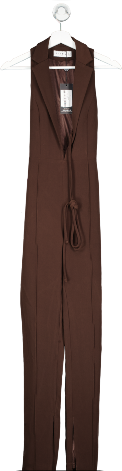 Club L Chocolate Brown Plunge Neck Tailored Jumpsuit With Tie Detail UK 8
