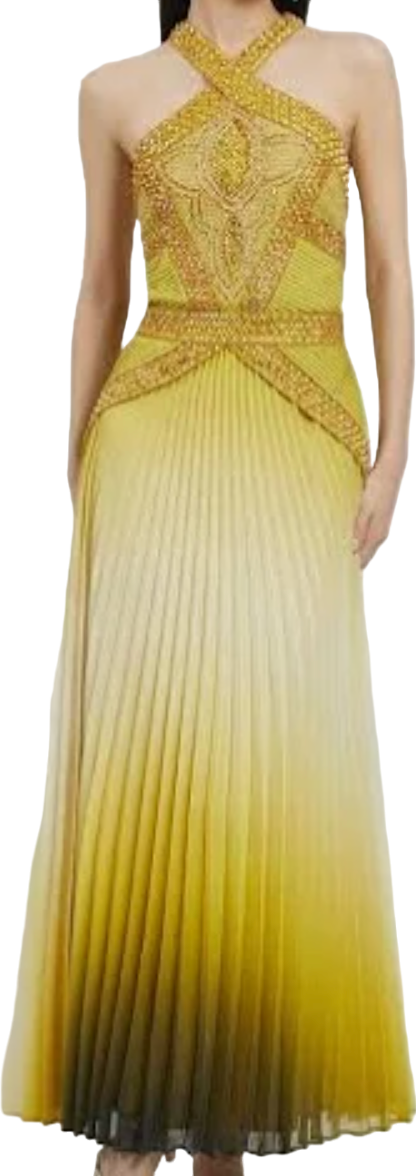 Karen Millen Yellow Geo Embellished Ombre Pleated Woven Maxi Dress BNWT UK 6