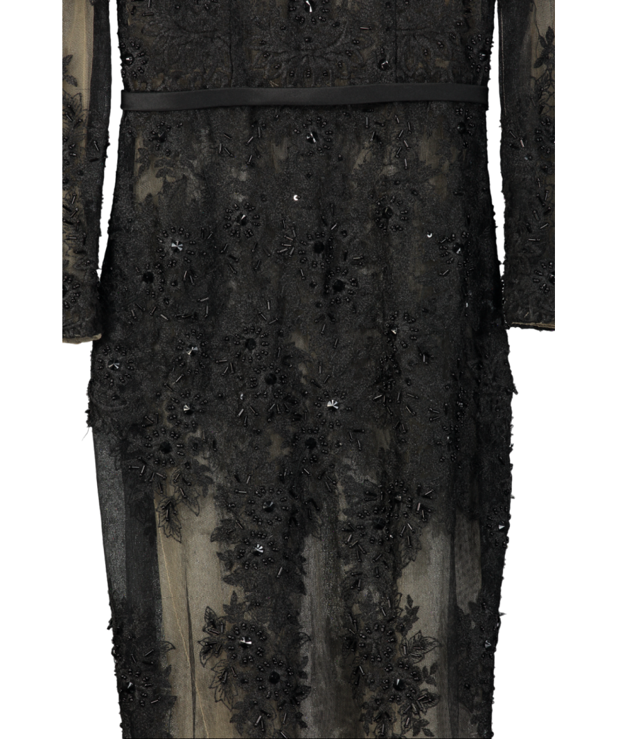 Mimi Black Lace Beaded Floral Long Sleeve Maxi Gown Dress UK XS/S