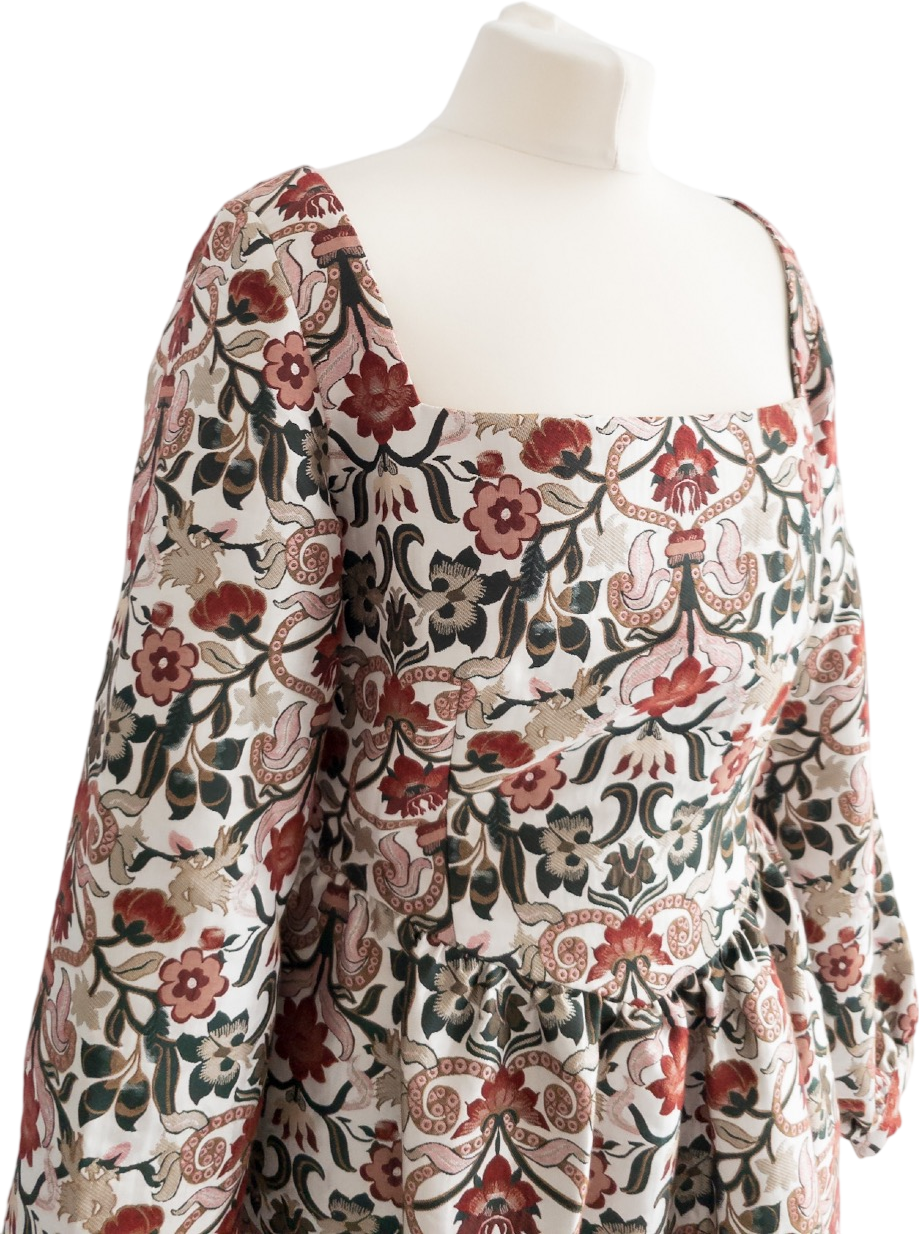 MEADOWS Cream Long Sleeve Floral Jacquard Midi Dress UK 14