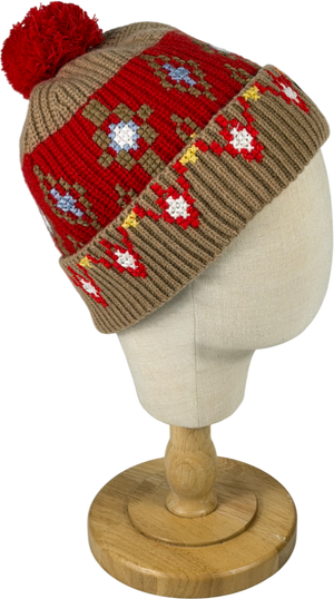 AMI Paris Camel / Red Intarsia-knit Wool Beanie Hat One Size