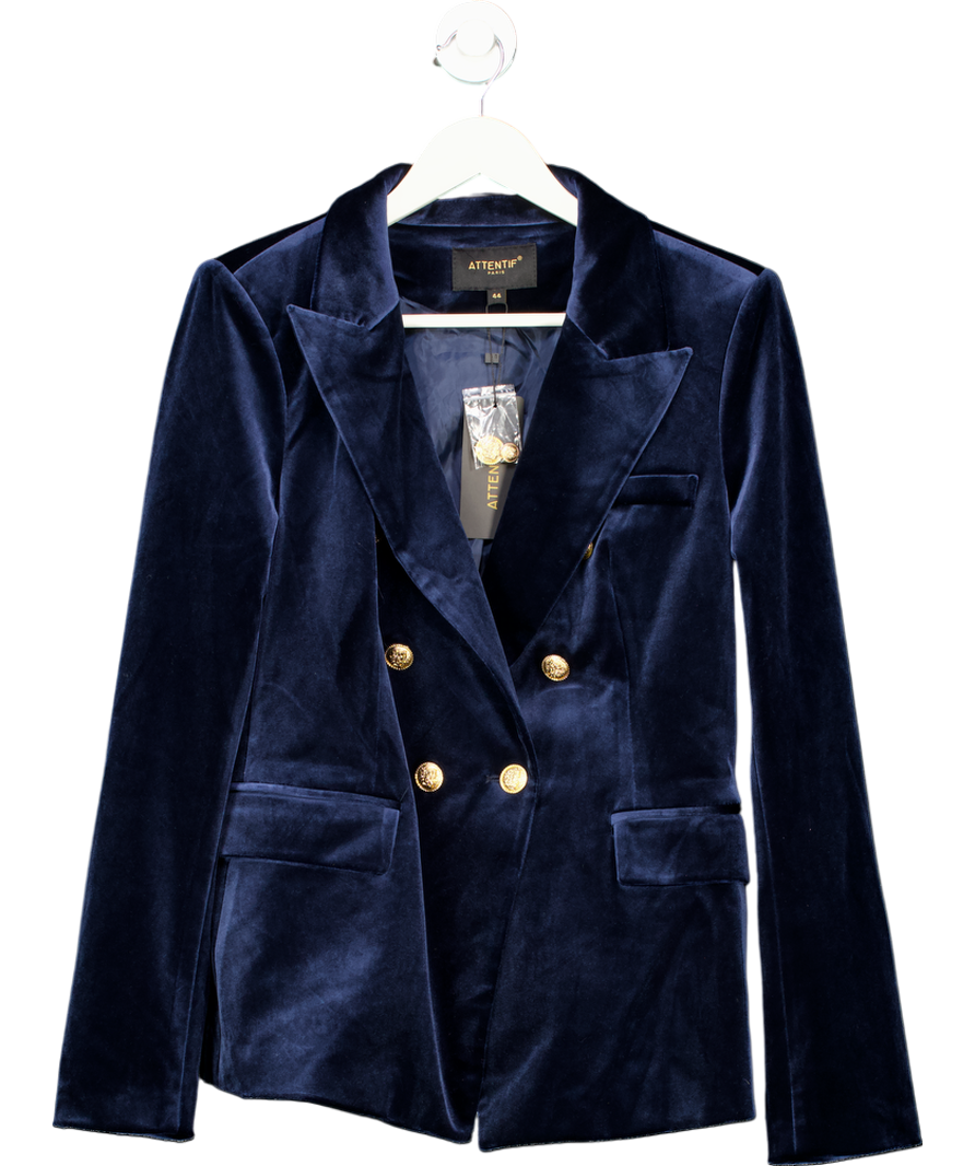 Attentif Blue Fitted Velvet Blazer Jacket With Gold Buttoning UK 16