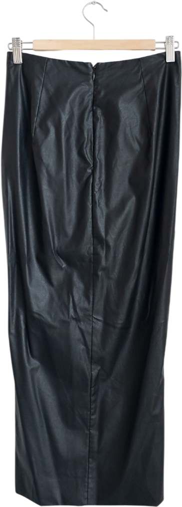 House of CB Black Vegan Leather Ruched Front Midi Skirt UK S