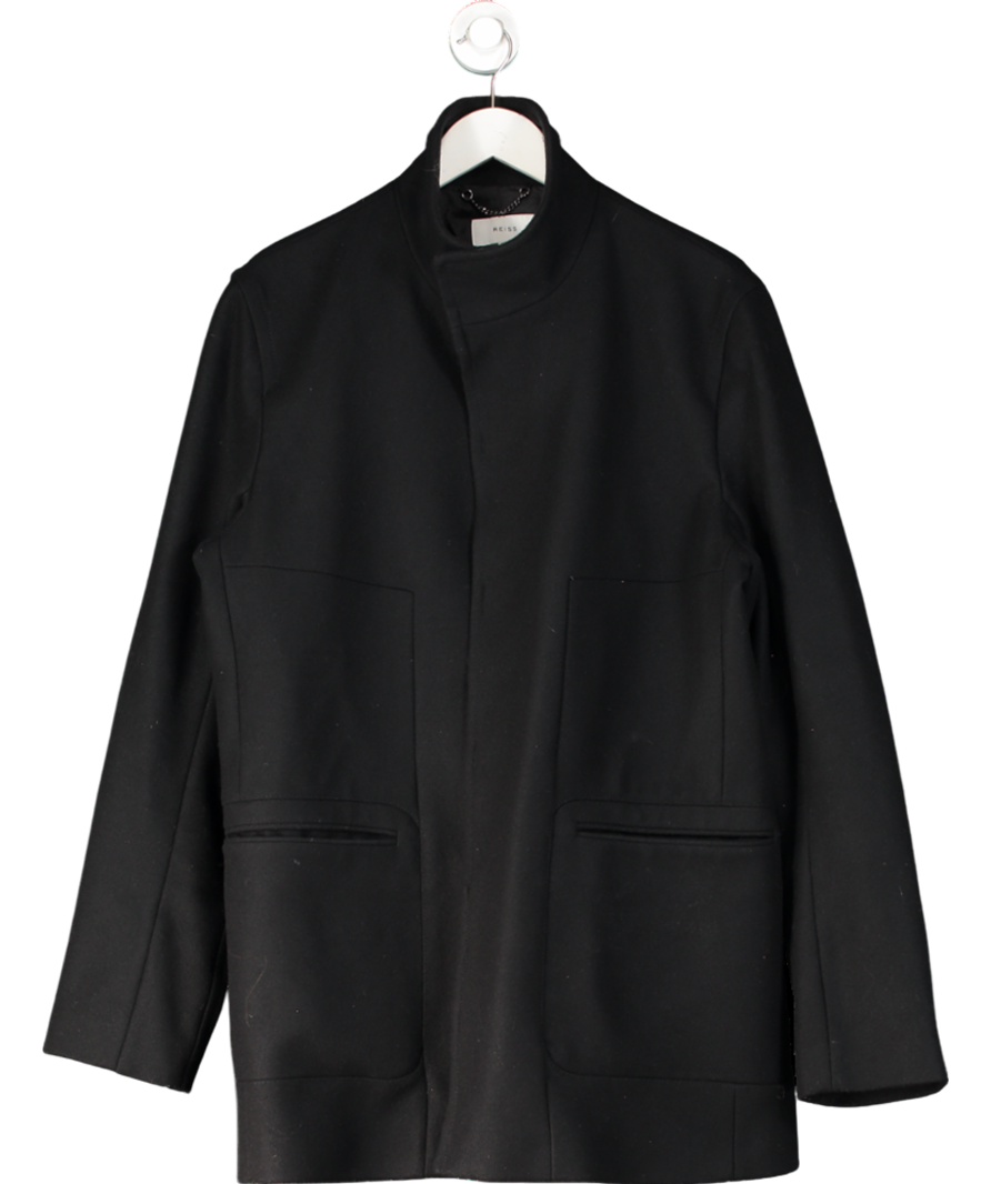 REISS Black Brute Wool Overcoat UK XL