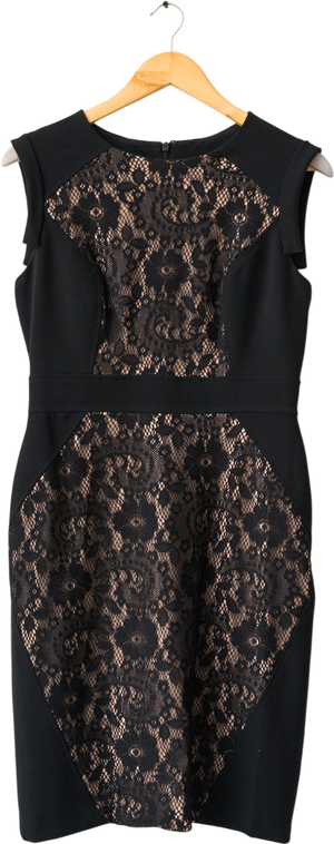 Adrianna Papell Black Lace Panel Fitted Pencil Dress UK 10