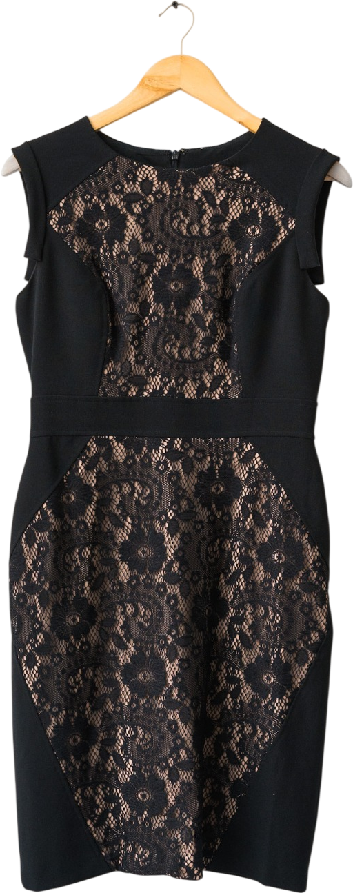Adrianna Papell Black Lace Panel Fitted Pencil Dress UK 10