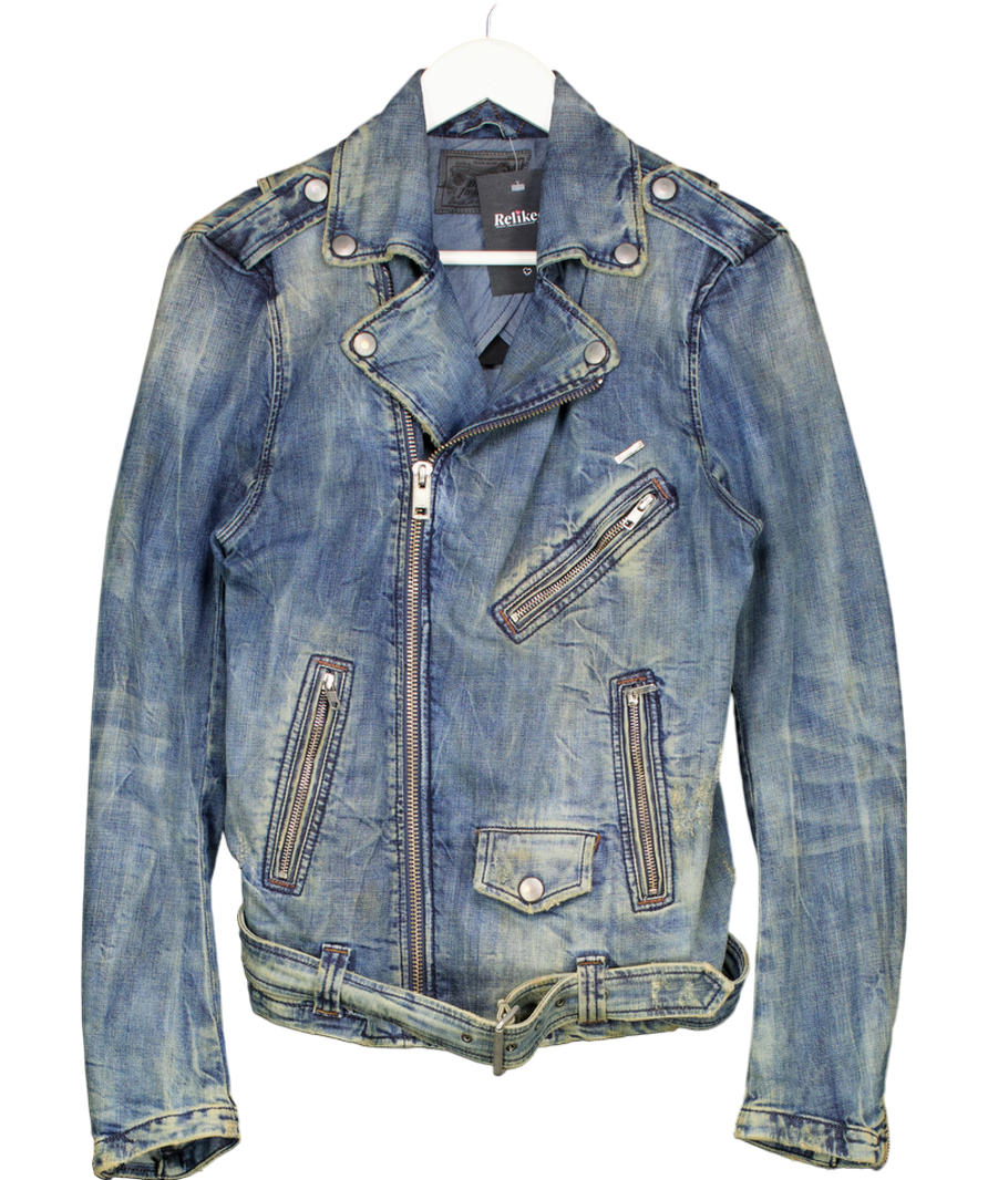 Blue Crazy Diesel Distressed Style Denim Biker Jacket UK S