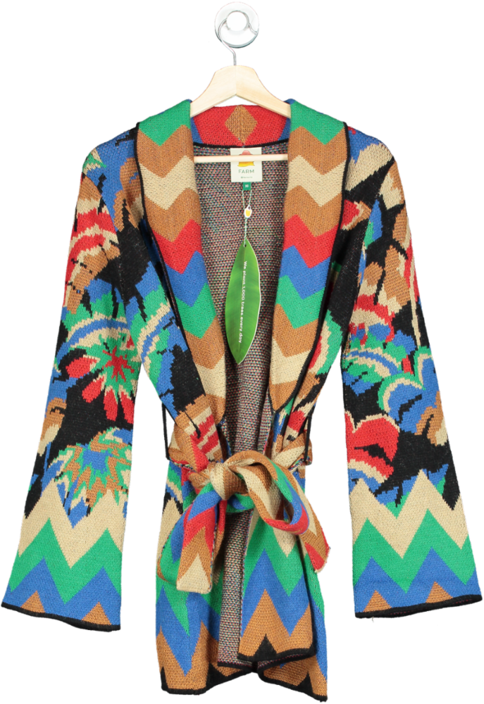 Farm Rio Multicoloured Chevron Forest Jacquard Belted Cardigan UK XS