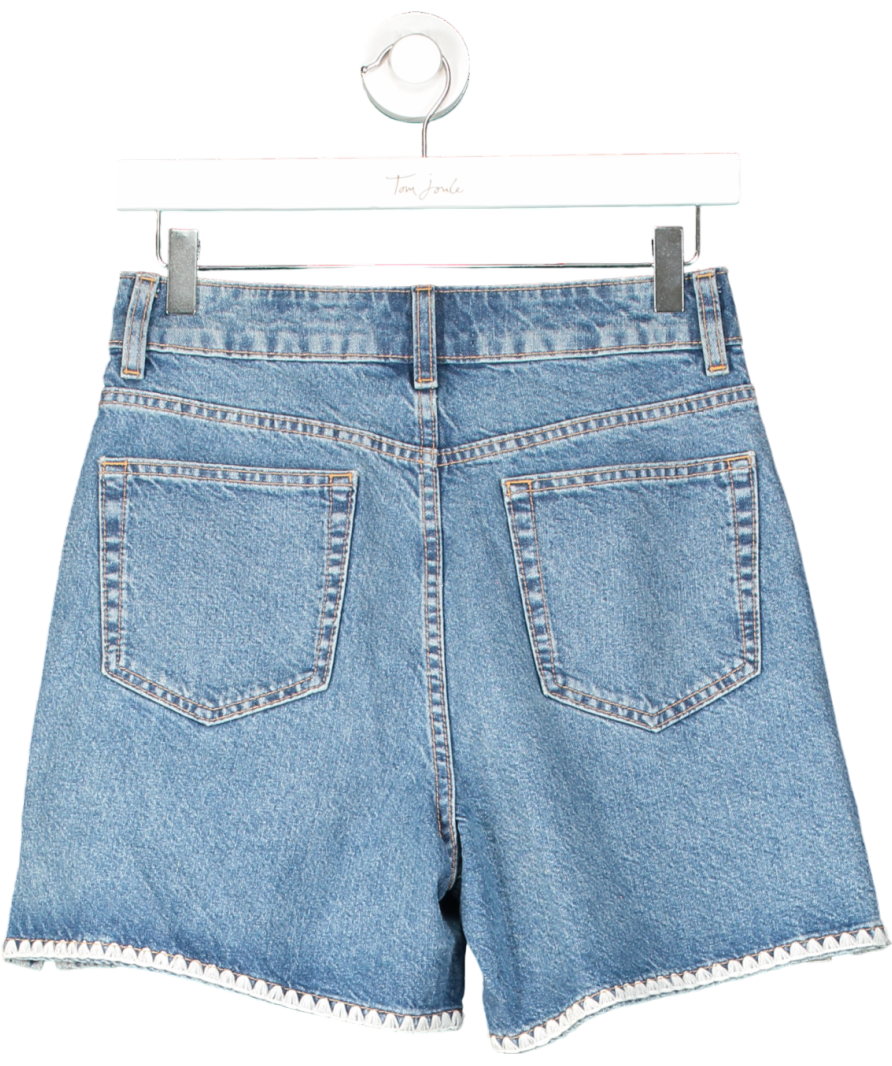 ASOS Denim Dad Shorts In Mid Blue With White Tapestry Floral Trim UK 6