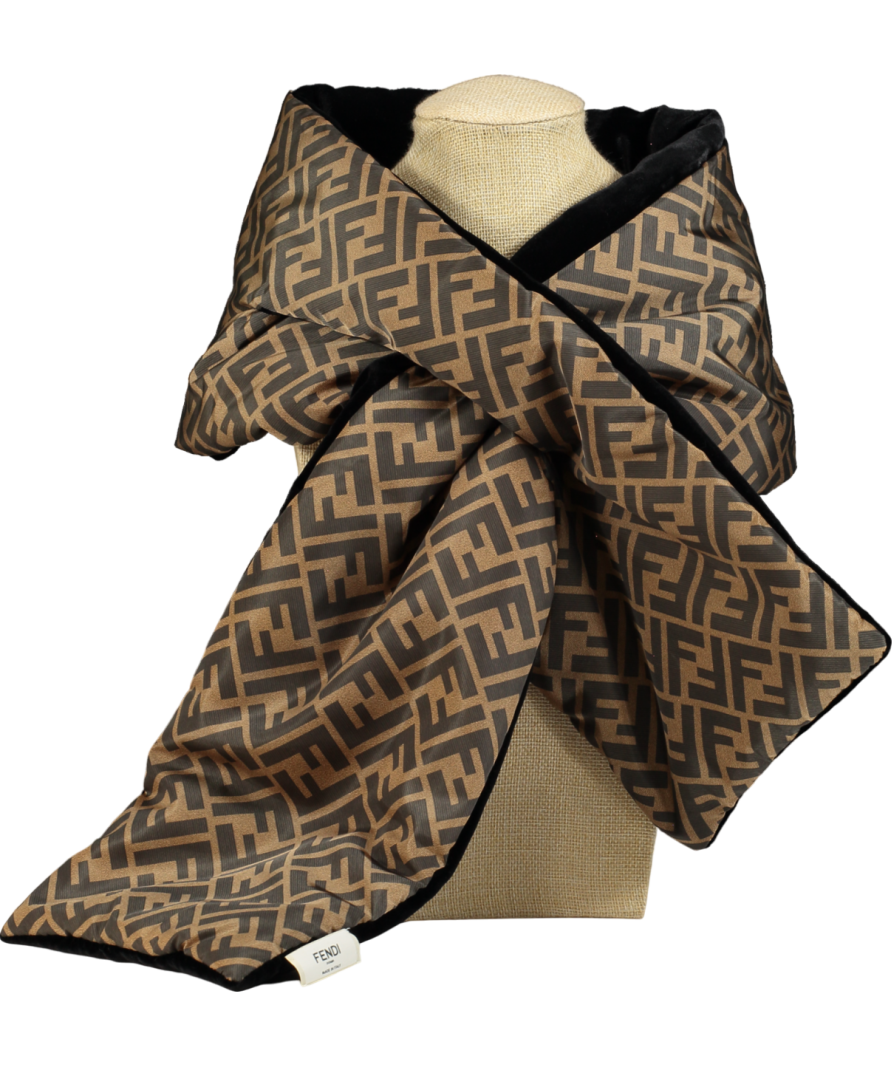 Fendi Brown F Logo Padded Velvet Lined Scarf.
