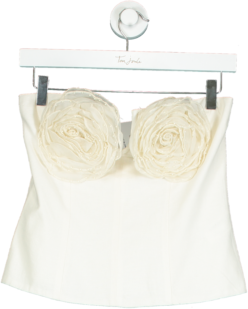 ZARA Beige Linen Blend Strapless Floral Top UK S