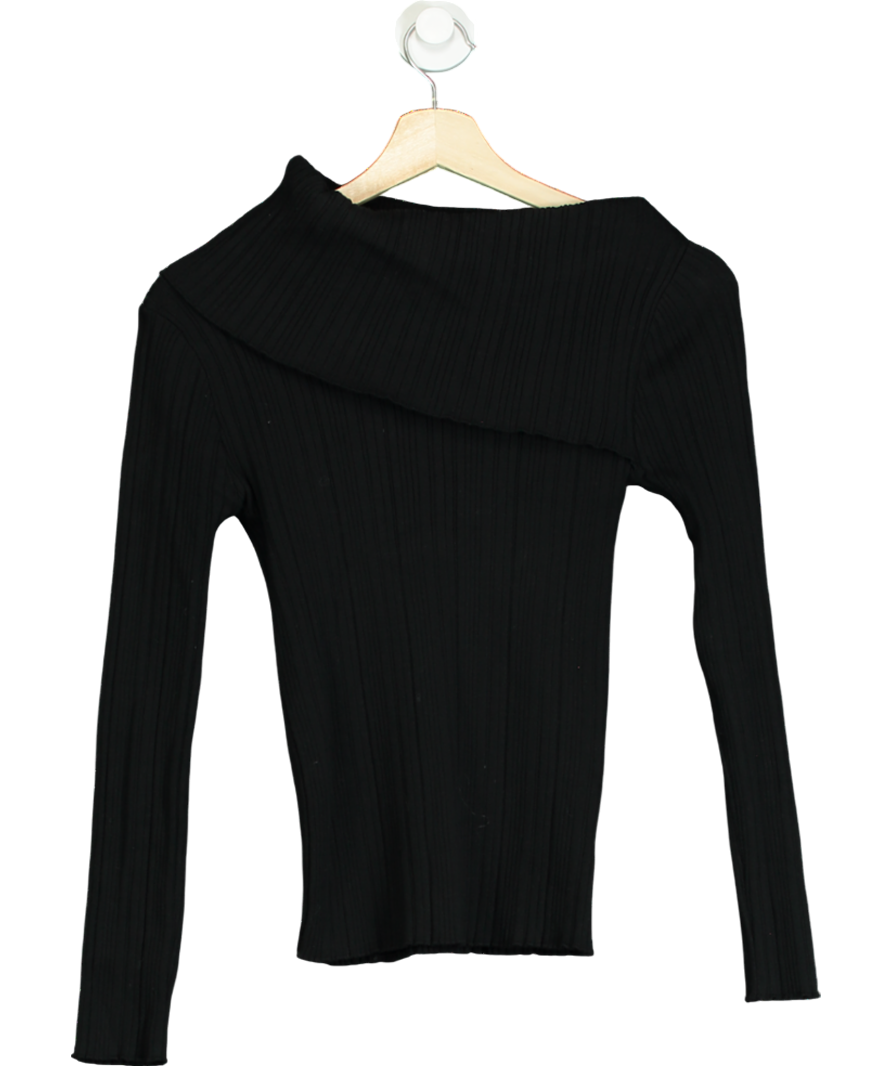 S_A Studio Black Ribbed Fold Neck Split Side Top UK S/M