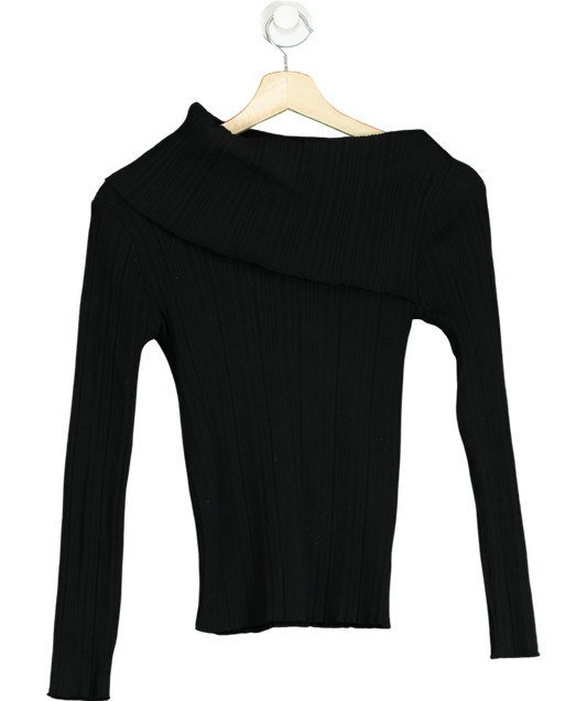 S_A Studio Black Ribbed Fold Neck Split Side Top UK S/M