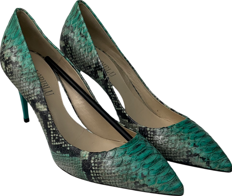 loriblu Green Turquoise Shades Snake Patten Calfskin Pointed Sling Back Heels UK 5 EU 38 👠