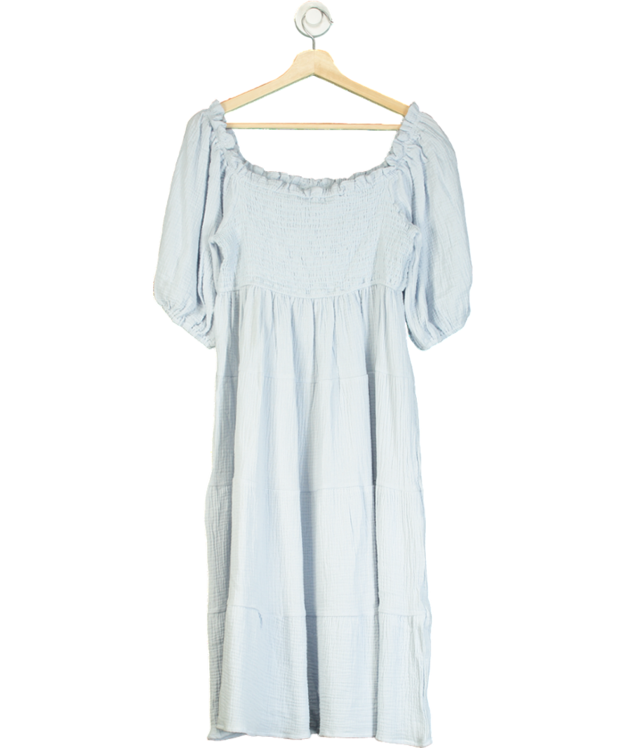 R.Vivimos Blue Summer Boho Long Sleeve Tie Waist Square Collar Ruffles Midi Dress UK XL