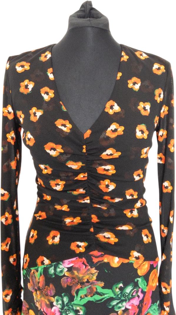 Diane von Furstenberg Black Multi Floral Print Silk Dipped Hem Maxi Dress UK M