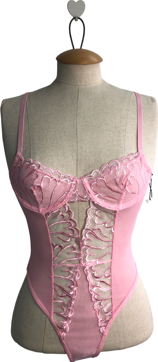 Nasty Gal Pink Heart Embroidered Underwire Lingerie Bodysuit UK 8