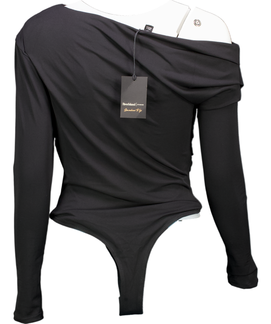 River Island Black Ruched Asymmetric Bodysuit UK 8