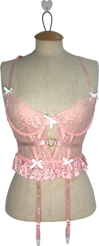 Nasty Gal Pink Lace Bow Cut Out Ruffle Basque UK S