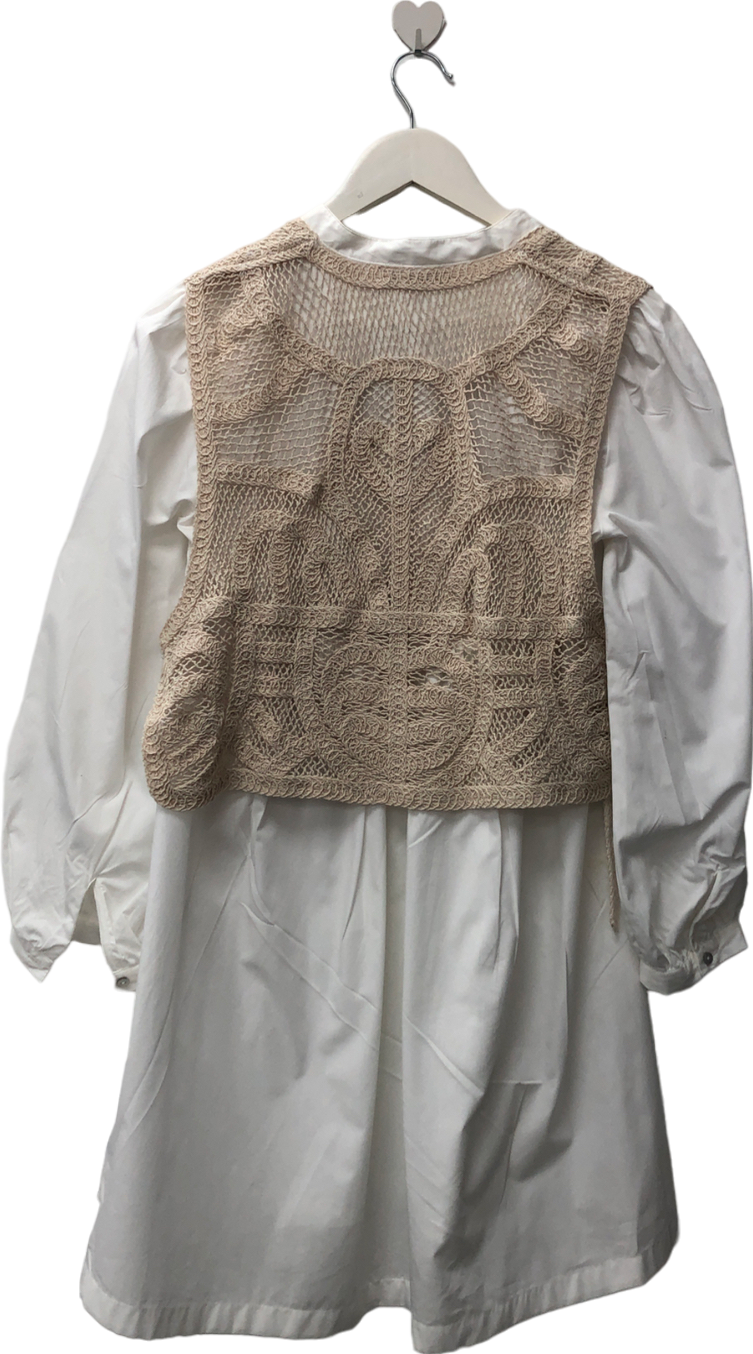 ZARA White Long Sleeve Dress With A Slot Collar. Layered Crochet Waistcoat Detail. Asymmetric Hem. UK 8