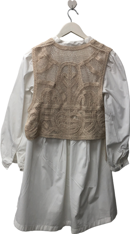 ZARA White Long Sleeve Dress With A Slot Collar. Layered Crochet Waistcoat Detail. Asymmetric Hem. UK 8