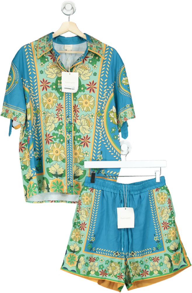 Purple Queen Blue Floral Short Sleeve Shirt and Shorts Co-ord Set TU