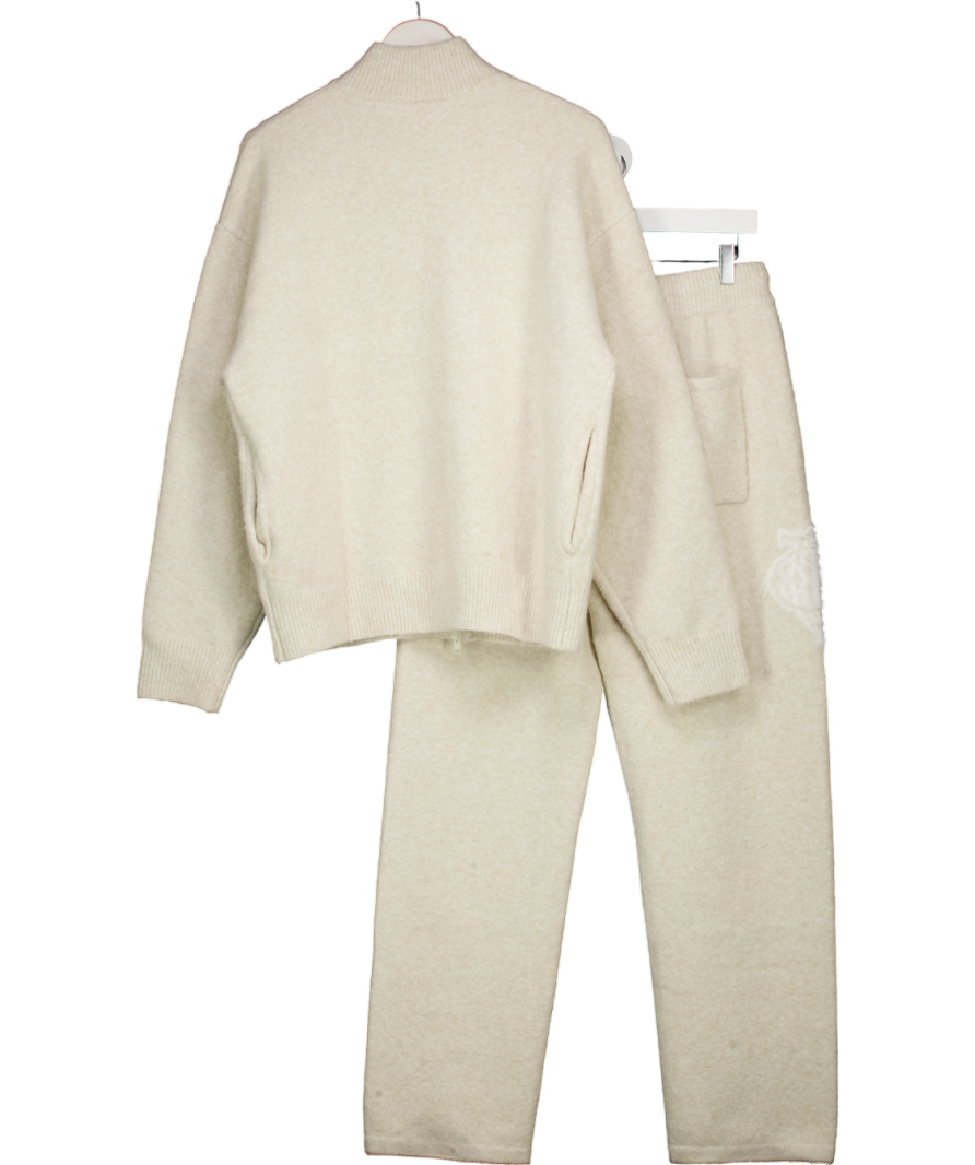 The Couture Club Cream 2-piece Monogram Fluffy Knit Zip Through And Straight Leg Jogger Set UK S