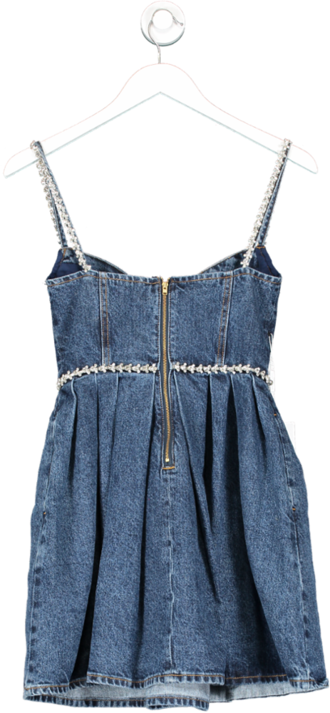 SELF PORTRAIT Blue Crystal-embellished Sweetheart Denim Mini Dress UK 4