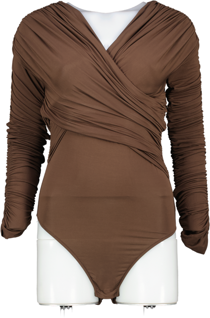 TOVE Brown Joni Wrap-effect Ruched Stretch-jersey Bodysuit UK 10