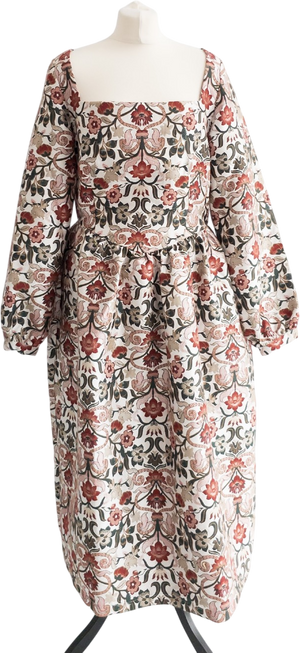 MEADOWS Cream Long Sleeve Floral Jacquard Midi Dress UK 14