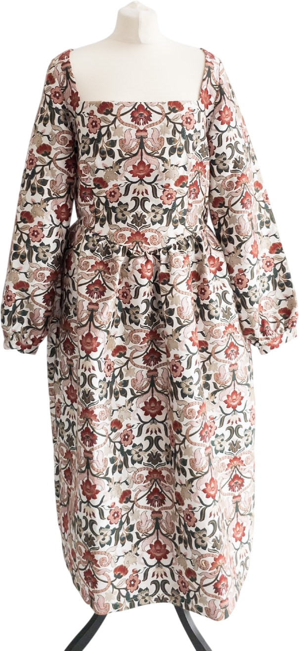 MEADOWS Cream Long Sleeve Floral Jacquard Midi Dress UK 14
